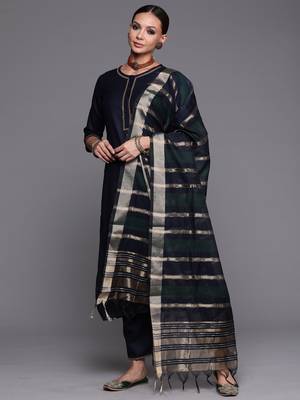 Indo Era Navy Blue Straight Kurta Palazzo With Dupatta Set 4