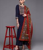 Indo Era Navy Blue Floral Printed A-line Kurta Palazzo With Dupatta Set