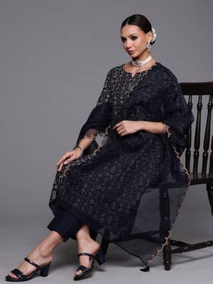 Indo Era Navy Blue Foil Printed A-line Kurta Trouser With Dupatta Set 1