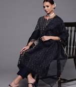 Indo Era Navy Blue Foil Printed A-line Kurta Trouser With Dupatta Set
