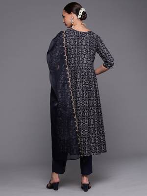 Indo Era Navy Blue Foil Printed A-line Kurta Trouser With Dupatta Set 2