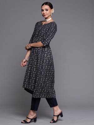Indo Era Navy Blue Foil Printed A-line Kurta Trouser With Dupatta Set 3