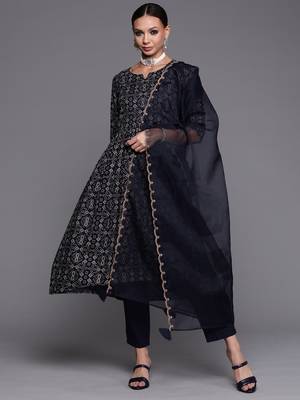 Indo Era Navy Blue Foil Printed A-line Kurta Trouser With Dupatta Set 4
