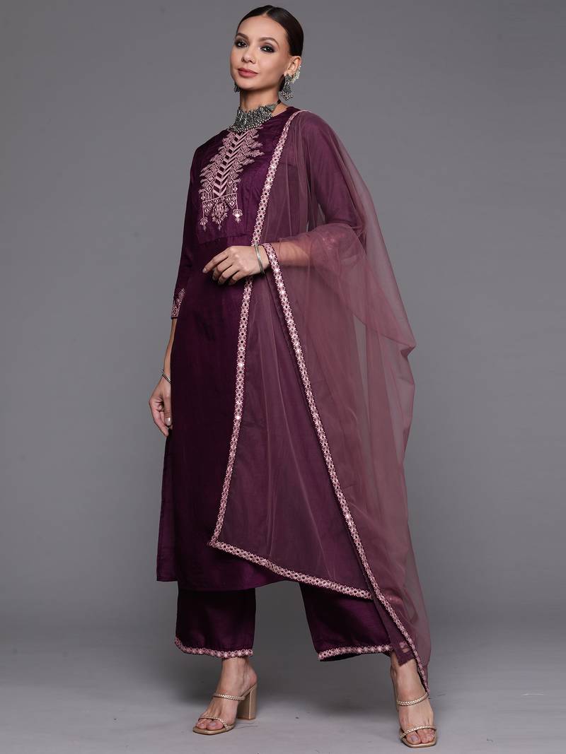 Indo Era Purple Embroidered Straight Kurta Trouser With Dupatta Set