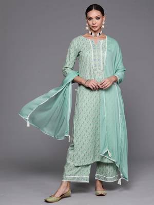 Indo Era Sea Green Floral Printed Straight Kurta Palazzzo With Dupatta Set 1