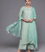 Indo Era Sea Green Floral Printed Straight Kurta Palazzzo With Dupatta Set