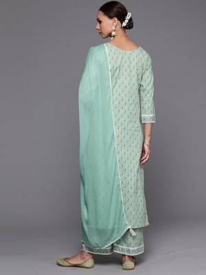 Indo Era Sea Green Floral Printed Straight Kurta Palazzzo With Dupatta Set 2
