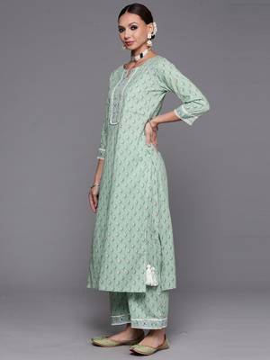 Indo Era Sea Green Floral Printed Straight Kurta Palazzzo With Dupatta Set 3