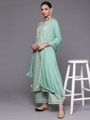 Indo Era Sea Green Floral Printed Straight Kurta Palazzzo With Dupatta Set 4