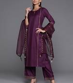 Indo Era Purple Solid Straight Kurta Palazzo With Dupatta Set
