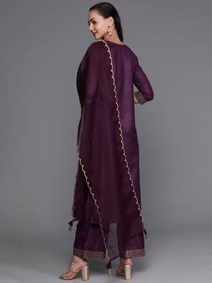 Indo Era Purple Solid Straight Kurta Palazzo With Dupatta Set 2