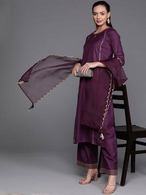 Indo Era Purple Solid Straight Kurta Palazzo With Dupatta Set 4