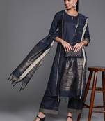 Indo Era Navy Blue Solid Straight Kurta Palazzo With Dupatta Set