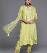 Indo Era Green Floral Embroidered Straight Kurta Trouser With Dupatta Set