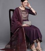 Indo Era Solid Wine Straight Kurta Palazzo With Dupatta Set