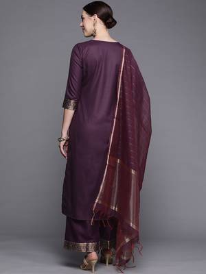 Indo Era Solid Wine Straight Kurta Palazzo With Dupatta Set 2
