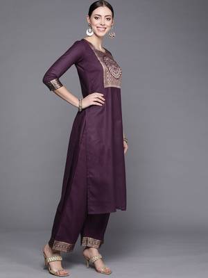 Indo Era Solid Wine Straight Kurta Palazzo With Dupatta Set 3