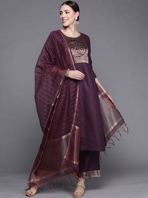 Indo Era Solid Wine Straight Kurta Palazzo With Dupatta Set 4