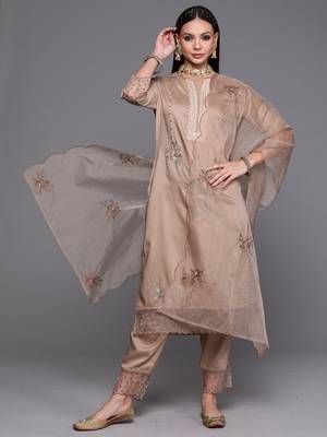 Indo Era Beige Floral Embroidered Straight Kurta Trouser With Dupatta Set 1