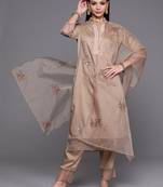Indo Era Beige Floral Embroidered Straight Kurta Trouser With Dupatta Set