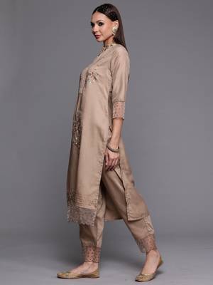 Indo Era Beige Floral Embroidered Straight Kurta Trouser With Dupatta Set 3