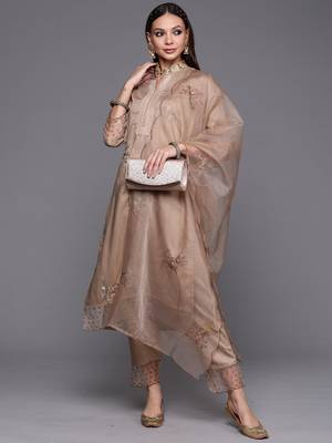 Indo Era Beige Floral Embroidered Straight Kurta Trouser With Dupatta Set 4