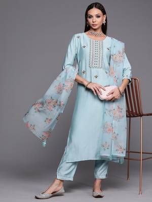 Indo Era Blue Floral Embroidered Straight Kurta Trouser With Dupatta Set 1