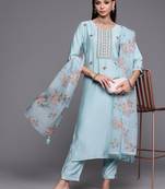 Indo Era Blue Floral Embroidered Straight Kurta Trouser With Dupatta Set