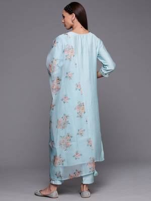Indo Era Blue Floral Embroidered Straight Kurta Trouser With Dupatta Set 2