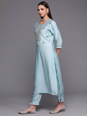 Indo Era Blue Floral Embroidered Straight Kurta Trouser With Dupatta Set 3