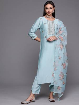 Indo Era Blue Floral Embroidered Straight Kurta Trouser With Dupatta Set 4