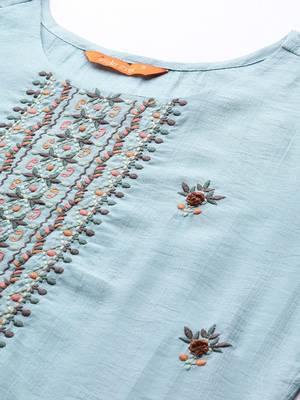 Indo Era Blue Floral Embroidered Straight Kurta Trouser With Dupatta Set 5