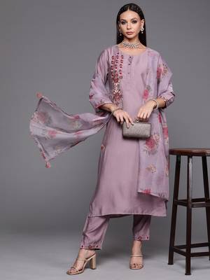 Indo Era Purple Floral Embroidered Straight Kurta Trouser With Dupatta Set 1