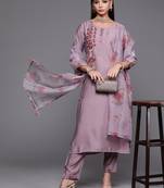 Indo Era Purple Floral Embroidered Straight Kurta Trouser With Dupatta Set