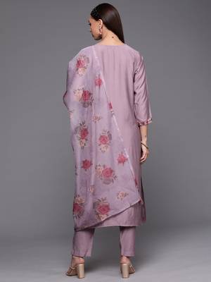 Indo Era Purple Floral Embroidered Straight Kurta Trouser With Dupatta Set 2
