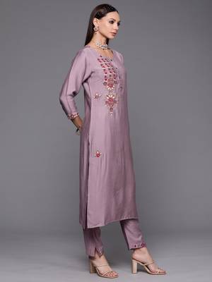 Indo Era Purple Floral Embroidered Straight Kurta Trouser With Dupatta Set 3