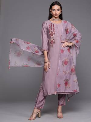 Indo Era Purple Floral Embroidered Straight Kurta Trouser With Dupatta Set 4