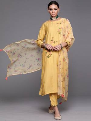 Indo Era Yellow Floral Embroidered Straight Kurta Trouser With Dupatta Set 1
