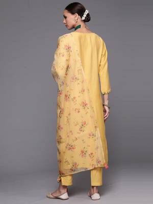 Indo Era Yellow Floral Embroidered Straight Kurta Trouser With Dupatta Set 2