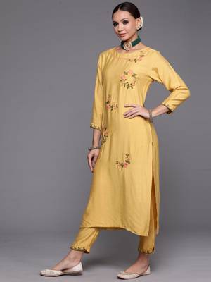 Indo Era Yellow Floral Embroidered Straight Kurta Trouser With Dupatta Set 3