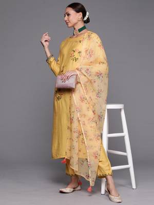 Indo Era Yellow Floral Embroidered Straight Kurta Trouser With Dupatta Set 4