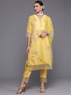 Indo Era Yellow Floral Embroidered Straight Kurta Trouser With Dupatta Set 1