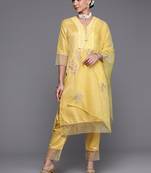 Indo Era Yellow Floral Embroidered Straight Kurta Trouser With Dupatta Set