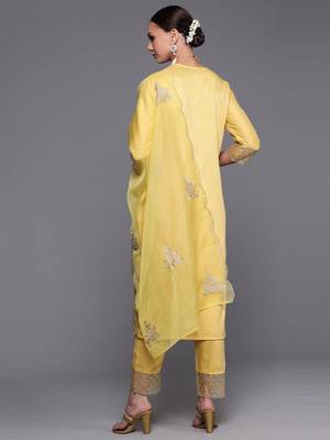 Indo Era Yellow Floral Embroidered Straight Kurta Trouser With Dupatta Set 2