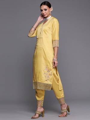 Indo Era Yellow Floral Embroidered Straight Kurta Trouser With Dupatta Set 3