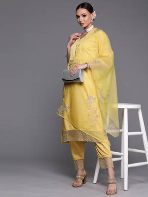 Indo Era Yellow Floral Embroidered Straight Kurta Trouser With Dupatta Set 4