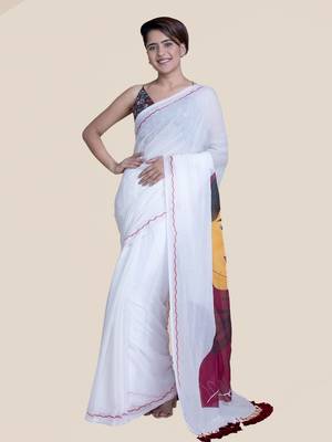 Suta Women White And Maroon Hand Painted Cotton Modal Saree 1
