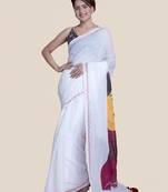Suta Women White And Maroon Hand Painted Cotton Modal Saree