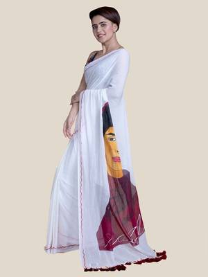 Suta Women White And Maroon Hand Painted Cotton Modal Saree 2