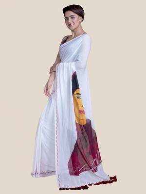 Suta Women White And Maroon Hand Painted Cotton Modal Saree 3